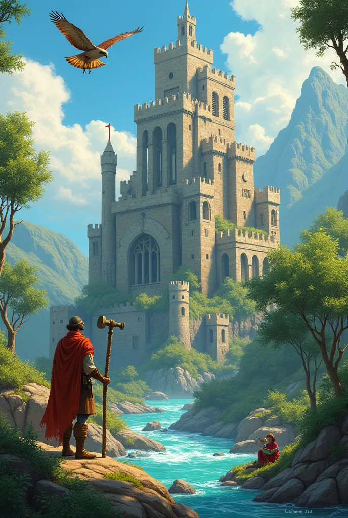 **Title: "Nom Nom’s Castle of Love"**  

In the heart of a lush, vibrant landscape, **Nom Nom** stands as a **warrior** and **dreamer**, building the **Castle of Love**. The castle rises tall, its towers made of **truth** and its walls forged with **relent...