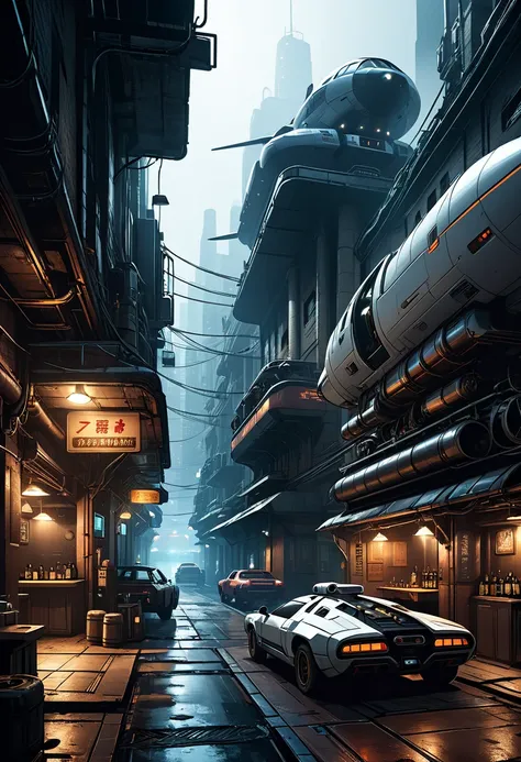 a drawing of street with flying scifi cars flying in front, by Katsuhiro Ôtomo and Masamune Shirow, remnants of old spaceship, an illustration of a bar/lounge, in a dark alley, broken pipes, tiny spaceship, 2020 video game screenshot, gumroad, side - scrol...