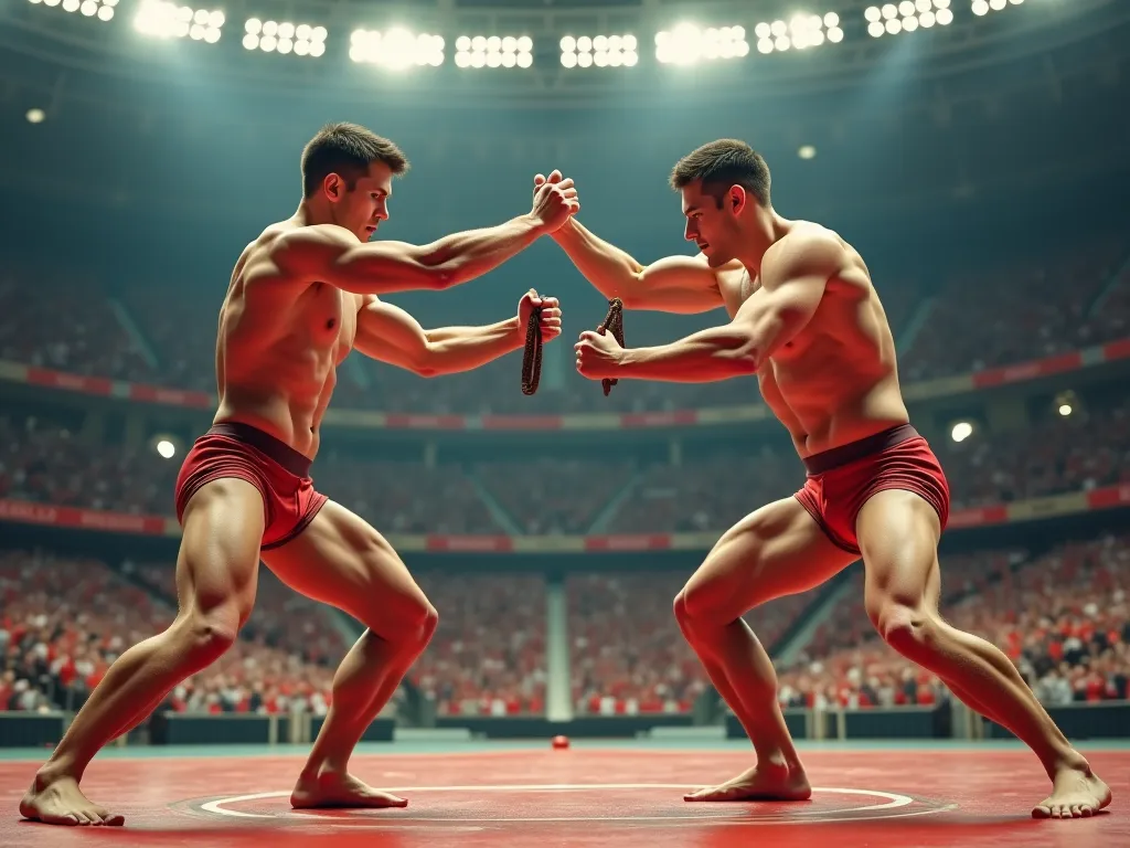  wrestling stadiums, Nude, Two men wield and fight using their genitals as weapons, Enlarged penis ,  semen,  From Pixive, Skinny men, Yaoi, handsome,  top quality, amazing quality, Best Aesthetics, very high resolution