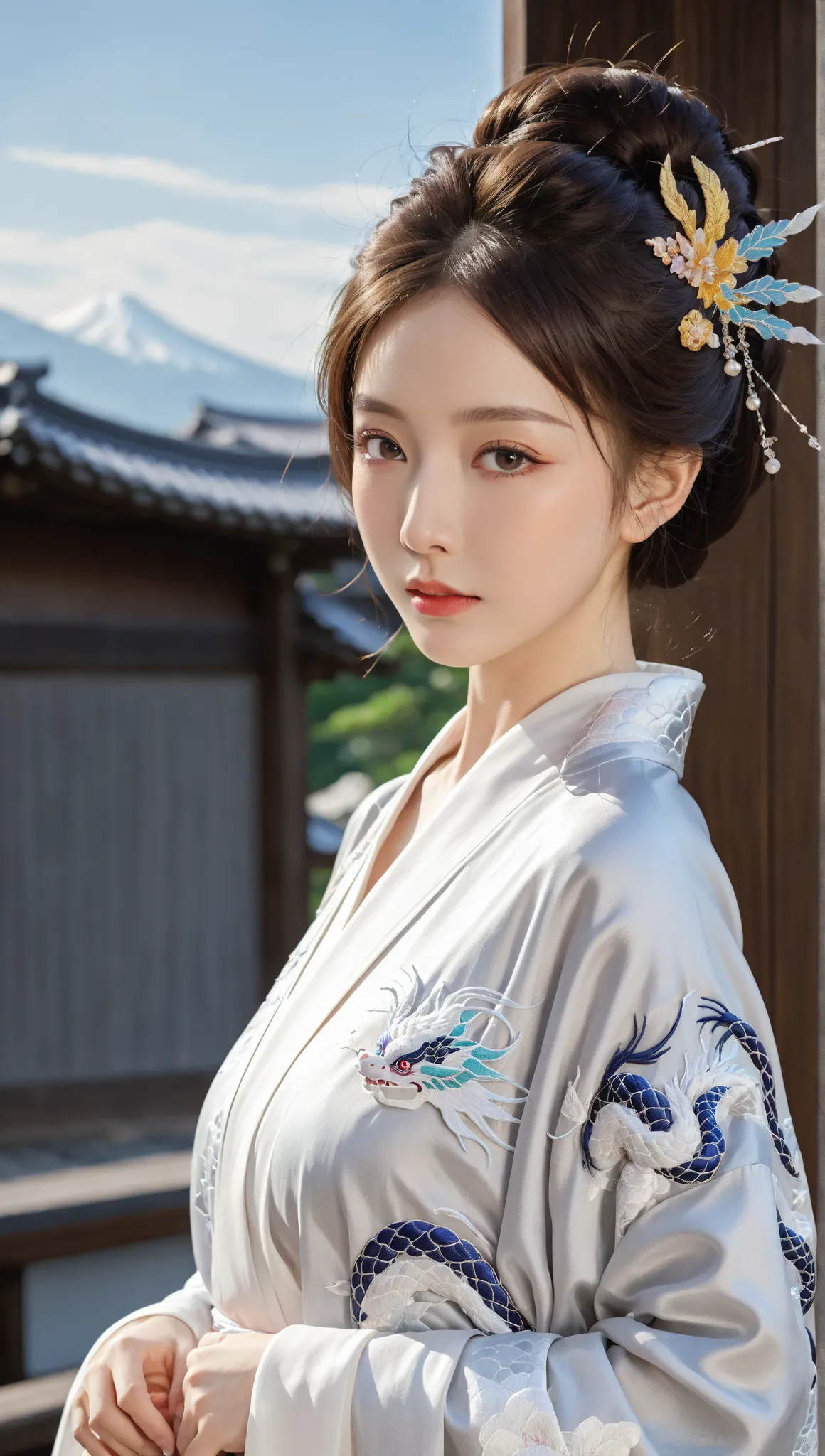 (Beautiful models appearing in Japanese kimono advertisements), (Lonely), ((Face is 80 % Beauty and elegance, 20%  playful:1.5)), (she), Clear Eyes, ( Delicate Eyes, light brown eyes, Smart Student), double eyelid, (Sexy and slightly thick lips:1.2), Ultra...