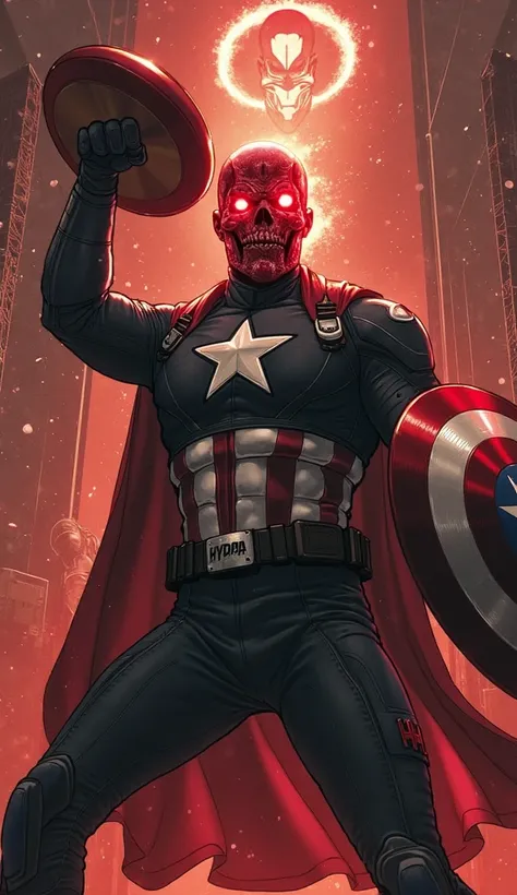 "Captain America fights against Red Skull inside HYDRA's secret headquarters. Red Skull wearing a black uniform with the HYDRA logo, flaming red face, while Captain America raises a shield to fend off an attack of advanced technological weapons."