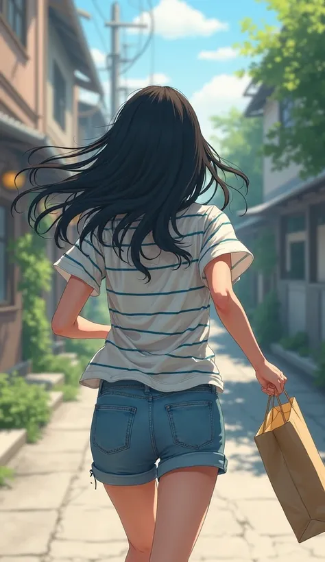 Sprint　 back view　He is holding an eco bag in his right hand　moe style,straight hair that reaches the shoulders - (Short sleeve襟付ボーダーシャツ)（((Short sleeve))） - Onyx　striped collared shirt　 long hair　Short sleeve　Anime Picture　 hair is unraveling after vagina...