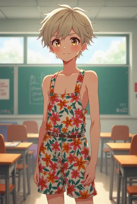  anime boy wearing his little sisters colorful sundress shirtless classroom