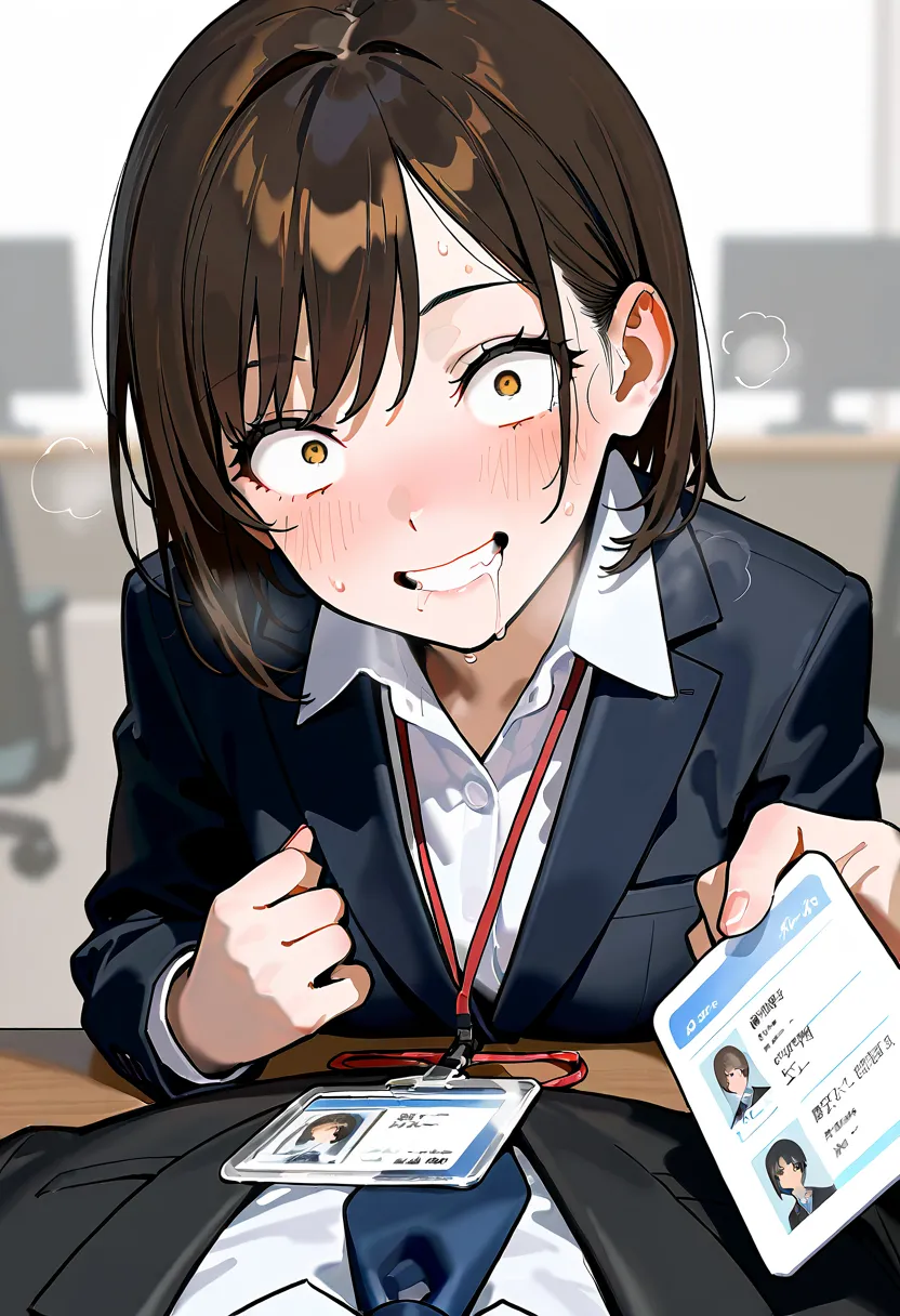 office lady,black suit,,,blush, ,blush,drooling,constricted pupils,grin,steam bless, , POV over a table , showing id card, holding id card, Identification