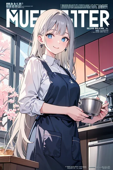 (from below:1.2),((1girl, silver hair, long hair, qutel blue eyes, beautiful eyes, pretty smile:1.5, ), coloring watercolor digital pencil ,Cherry blossoms falling,an animated painting of a woman in an apron standing at a coffee maker, 1girl, brown hair, s...