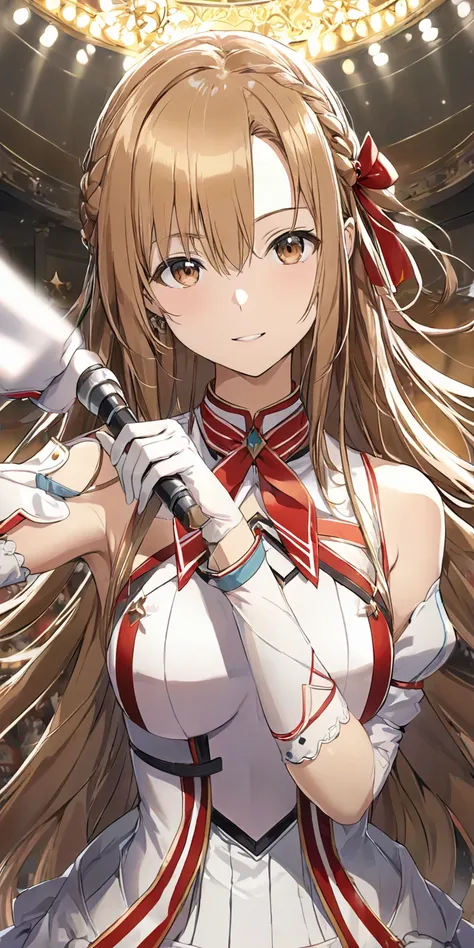 (masterpiece),( Redeem ),( very well detailed),(  best illustrations),( best shadows),( absurd),( detailed background ),( very beautiful ),   Yuki Asuna、 brown hair 、 long hair、 Hazel eyes 、French Braid、gloves、bangs, idol,   browse viewers, 