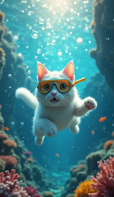 High Precision、High Resolution、Delicate、A video showing the beauty of the underwater world 、 twinkling light 、The bubbles are beautiful、A white cat is snorkeling、realistic、フォトrealistic