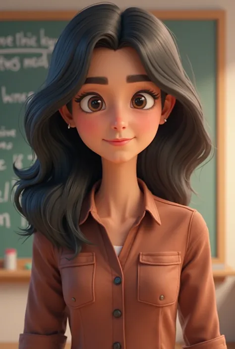 Animated imitation of a teacher with wavy black hair and a bit of a brunette