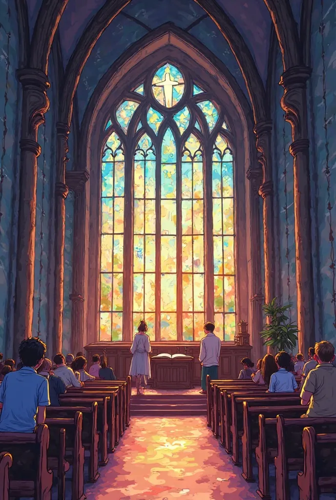 

"Interior of an old church with tall stained glass windows that filter a soft and colorful light.  inside , several people are kneeling and standing, all in an attitude of prayer and recollection. The scene is drawn in an animation style of the 90's, wit...