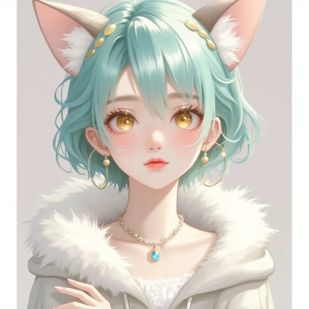 A cute anime girl with short, choppy teal hair and bright golden eyes. She wears a cozy oversized hoodie with cat-ear headphones resting on her head, her playful smirk full of energy.