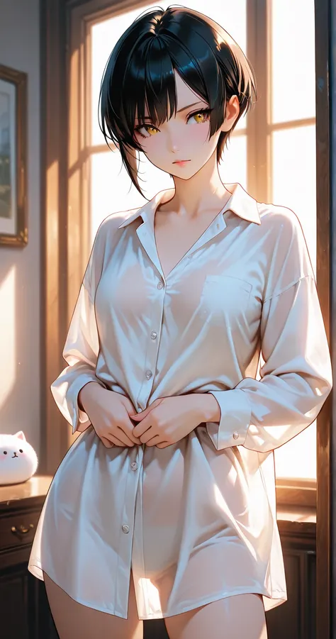 insanely detailed,
She is beautiful.
looking away,
Alluring mystique, 

She is standing.

Contrapposto, Tippy Toe, 
She is tall and beautiful with her shapely figure.
Beautiful breasts, small breasts, slender,  

She wearing a oversized white dress shirt. ...