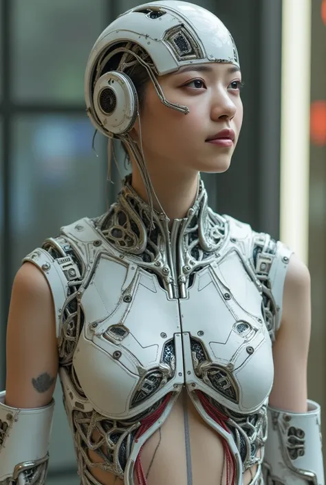 cyberpunk cyborg woman, electronic system on head humanoid, cyborg spider woman, with a visible detailed mechanical brain, with a visible detailed heart, muscles cable wires, biopunk, cybernetic, cyberpunk, huge marble-like Armard chest pads, cleavage, can...