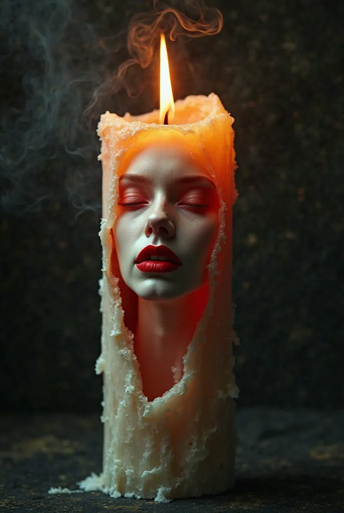 double exposure, fairy tale fantasy, large burning candle with woman porcelain skin inside candle, red lipstick, large black paper, 3d, smoke, realism, hyper-detailed, sharp focus, professional photoshoot, chiaroscuro lighting, intricate details