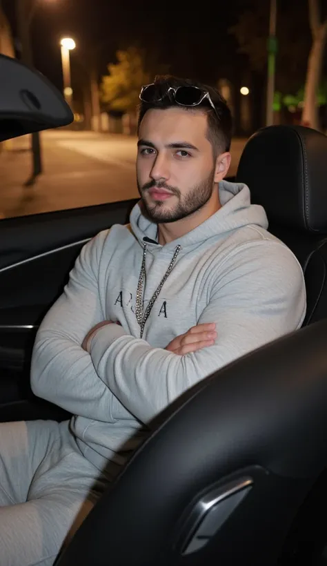 a handsome young turkish guy with muscle, dark very short hair fade middle parting and goatee beard  he wearing a light grey hoodie and a joggingpants in light grey and a and a thin silver chain and a small prada sunglasses is on his head  he is in a cabri...