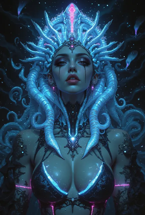 iridescent eyes, scary and sexy detailed art in color, Portrait, (beautiful and obscene female alien:1.4), (vulgarity1.7), (Translucent white skin:1.4), (There is a female genital-like organ in the middle of the forehead:2.3), (The most beautiful face in t...
