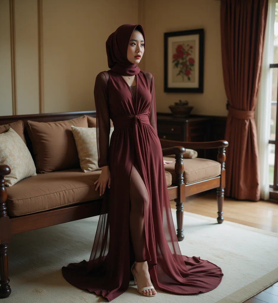 asian one women, red lips, (((wearing hijab))), sexy, high heels, (full body), tight dress, 8k, luxurious villa setting, detailed facial features, sensual expression, alluring pose, slender figure, ((luxurious long flowing dress (sheer cloth))), jewelry, s...