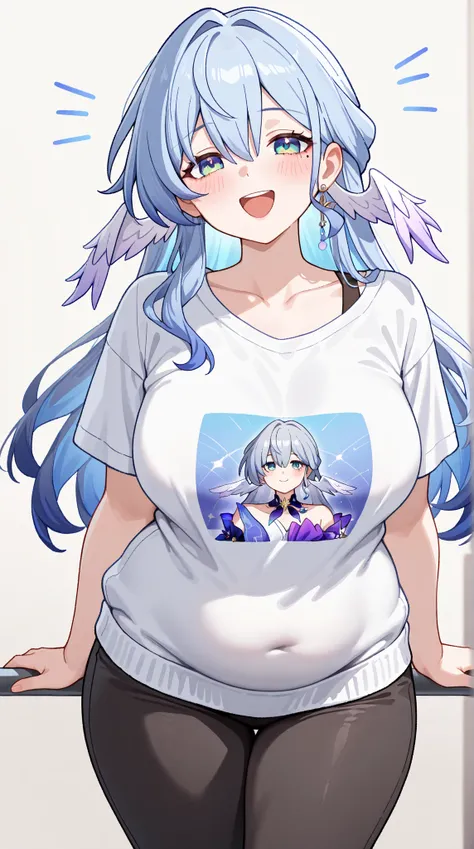 1 girl, solo, long hair, large breasts, looking at viewer, blush, blue eyes,  hair between eyes, thighs,  green eyes, blue hair, cowboy shot, earrings,  head wings, robin (honkai: star rail),black long pants,front view,laughing,round face,double chin,white...