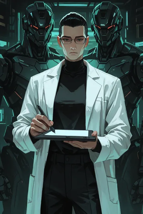 Russian man, 32 year old, black hair with white strands, neatly combed, slick back style, cybernetic laboratorium background, robot and andorid, stoic and expressionless face, wearing black trousers, Cybernetics white lab coat, black turtle neck shirt, hol...