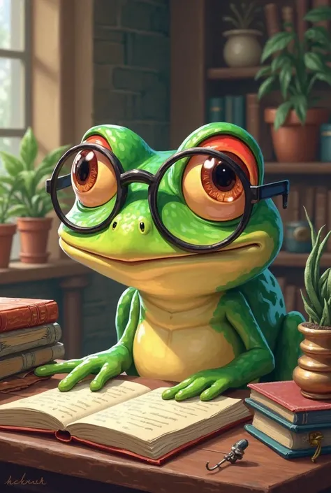 green frog studying cute cartoon style