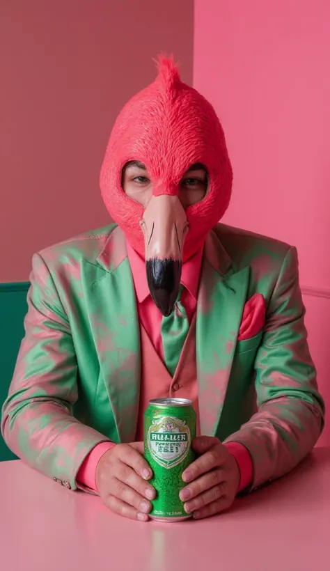 "A striking studio portrait of a boy wearing a flamingo mask sitting at a table, looking directly into the camera while uncovering a can of green beer. The shot is from the center of the table, using an angled lens that highlights the action and detail on ...