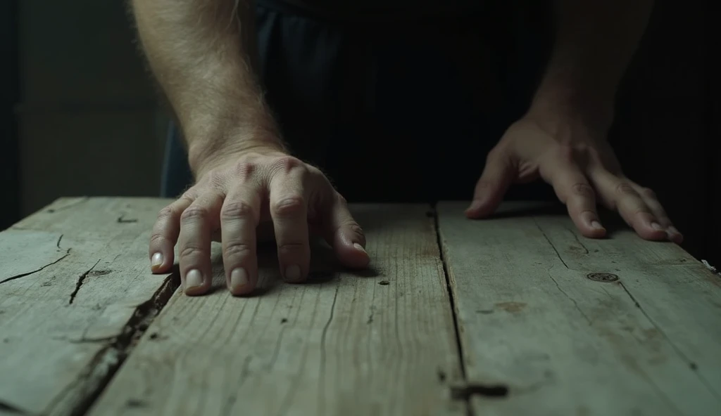 13. The Decayed Wood Feels Too Fresh
Cinematic still shot, close-up shot, slightly high angle.
Andrew runs his fingers along the surface of the wooden table, its texture unnervingly smooth despite its aged appearance. The wood looks both ancient and untouc...