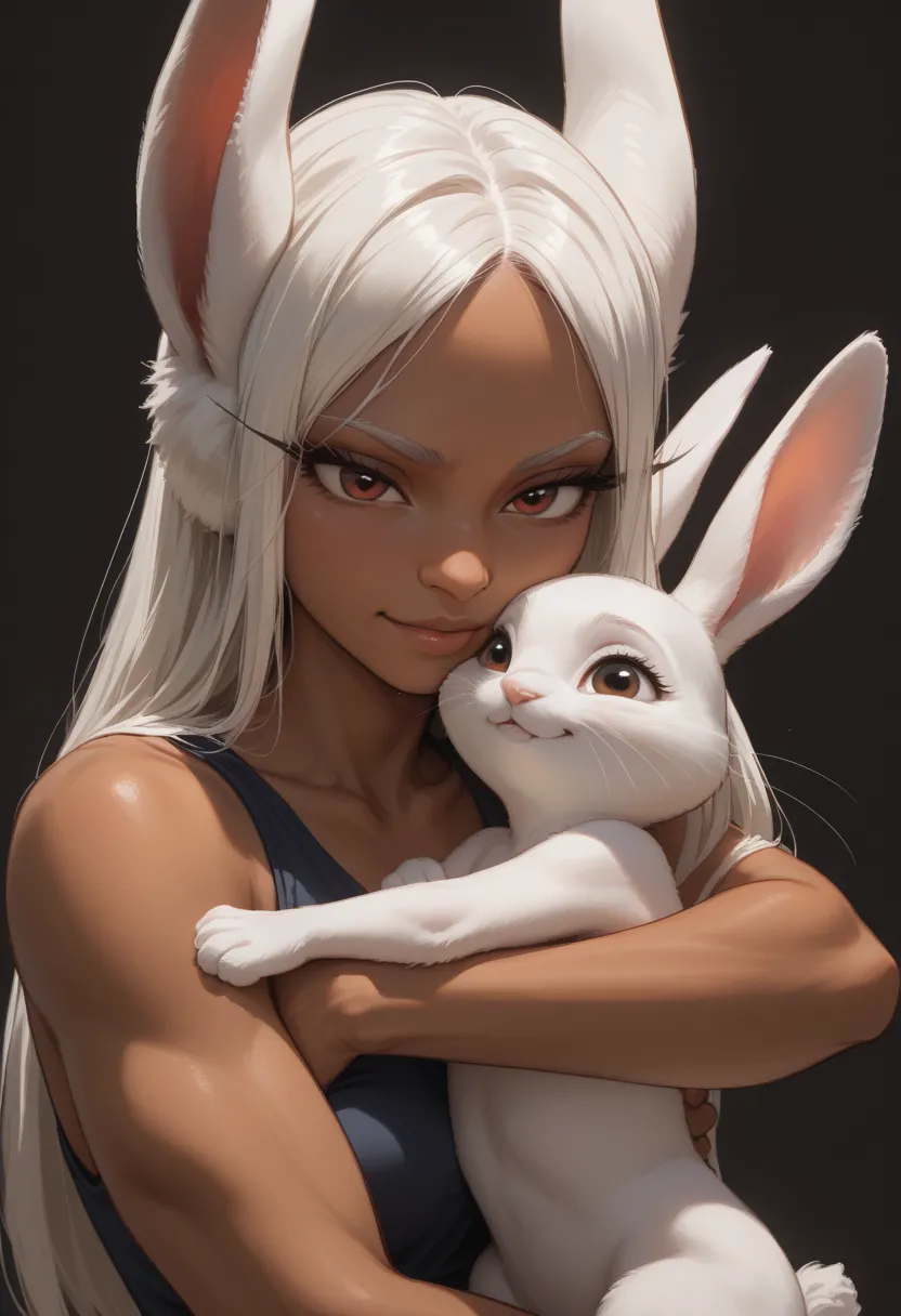 Disney pony, sketch, 
score_9, score_8_up, score_7_up, score_6_up,   1girl, rumi usagiyama, dark skinned female, hugging a white rabbit,
