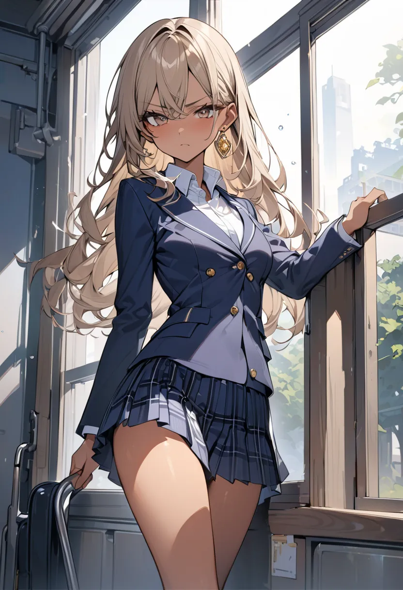 ((Greatest Masterpiece,Ultra High Quality:1.2)),(super resolution),(solo),cowboy shot,schools,Slender, small-breasted high school girl standing by the classroom window,beautiful face, healthy tan skin ,Light brown long hair,Perfect brown eyes, serious expr...