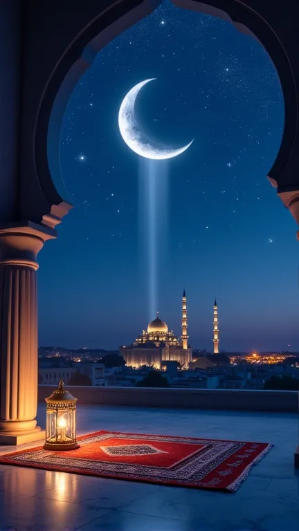 "A serene and symbolic nighttime scene representing Witr prayer, the concluding part of nightly worship. In the foreground, an elegant prayer mat with intricate Islamic patterns is spread on a polished marble floor, illuminated by the soft glow of a nearby...