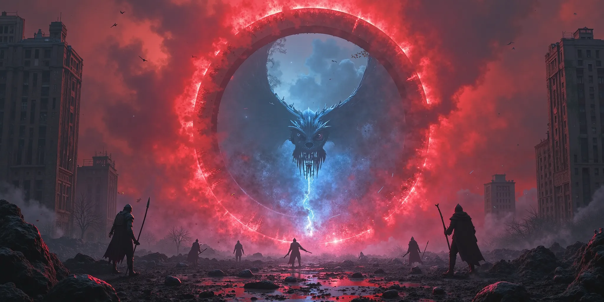 a portal to another dimension, monsters are pouring out from that portal, the portal color is red and blue light, located in the city ruin, everything was abandoned, cars recked, dead bodies, monsters and beasts hundred of them making chaos, war is happeni...