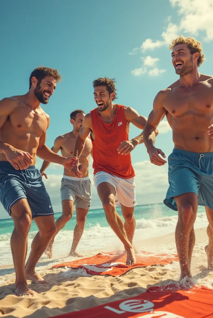 À la plage, cinq jeunes hommes sportifs en sueur, en nike sales, jouent au ballon, debout sur des serviettes de plage posées par terre devant eux. Les pieds sur les serviettes froissées.