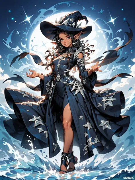 (from front, full body, look at viewer)A beautiful age witch(Suspicious Smile , brown skin,curved proportions),((water orbs,raising hands, dynamic pose, bright light, action pose, dramatic lighting))。
revealing leather gothic robe、luxury silver glasses, Be...