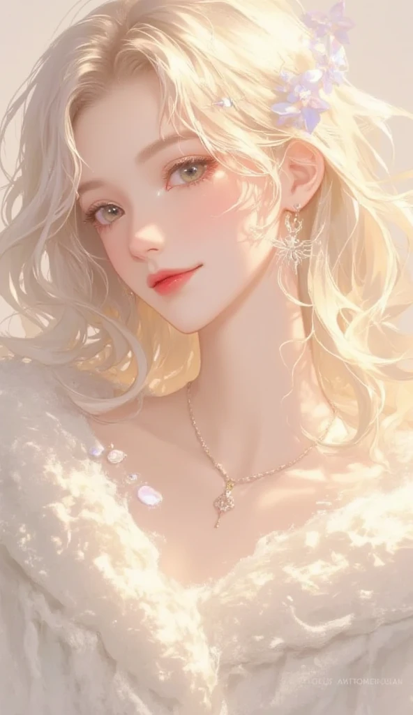 A bright anime girl with golden-blonde hair in soft waves and warm hazel eyes. She wears a cozy cream sweater, her smile soft and inviting, like the morning sun shining through a window.