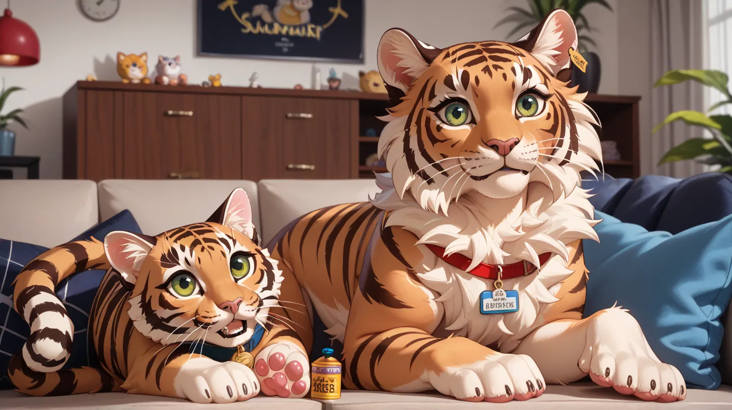  realistic、Pheasant tiger cat plush toy、fluffy coat、Round blue eyes、placed on the sofa in the room