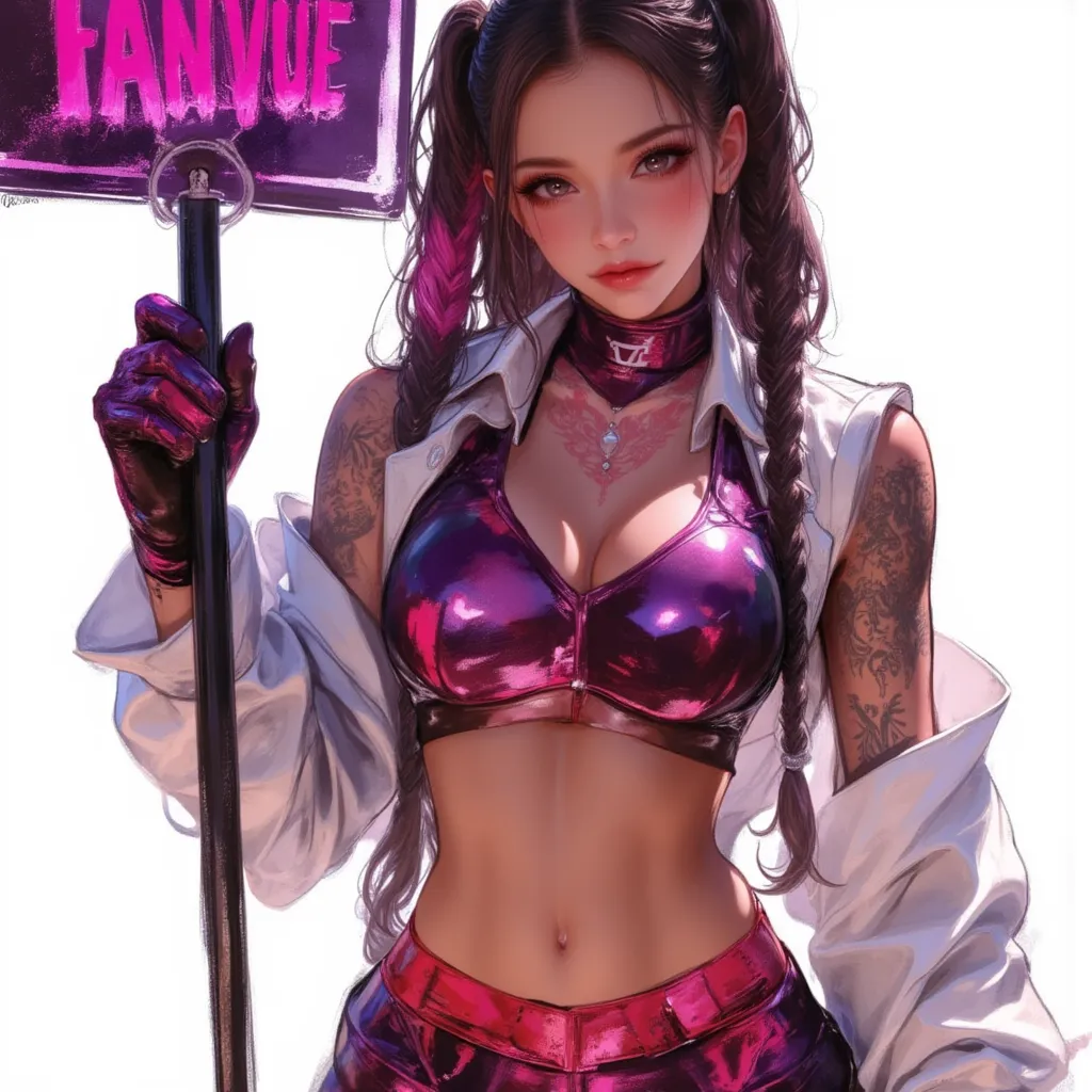 Cyberpunk Latina goddess holding a sign that says "Follow me on FANVUE @suriya-2025" , very large breasts, hips up, big bubble butt, art germ style. High-set Greek sport woman, hip-hop diva pose, Chicano tattoos, long braids, perfect body. Color sketch not...