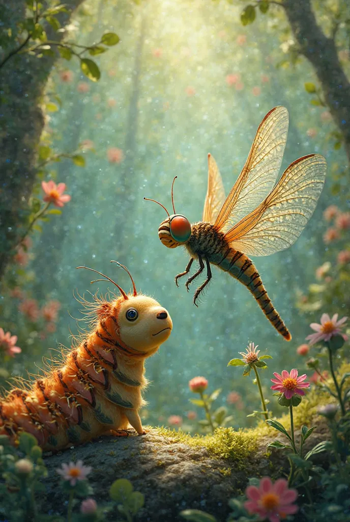 Dragon fly standing beside caterpillar 