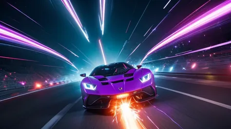 super high quality、Photorealistic、 Futuristic Background 、Feeling of speed with flowing background、Running in the dark、(Custom Supercars :1.2)、bright colors、  angle from below 、(bottom rubbing and sparks scattering:1.3),Apply a light purple filter