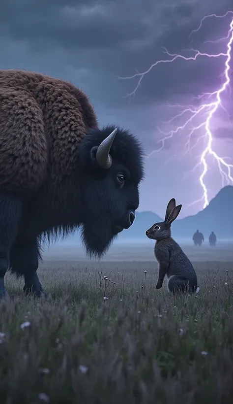 A powerful, muscular bison with thick, shaggy fur stands face to face with a small but fierce rabbit. The bison’s dark eyes glimmer beneath heavy brows, and its curved horns glisten with moisture from the mist. Its massive frame towers over the rabbit, yet...