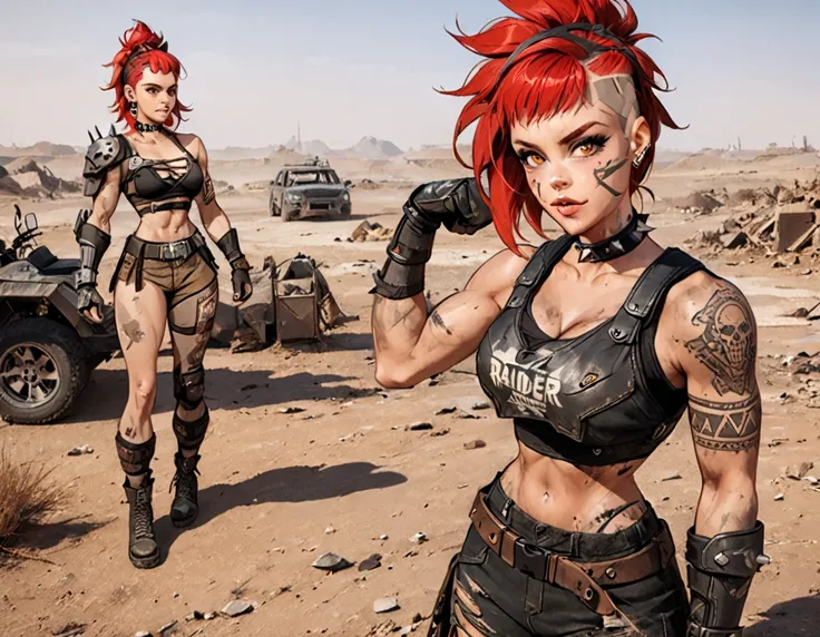 ((whole body))), master part, best quality , super detail beautiful woman, whole body, redhead Asymmetric Undercut Haircut hair, redhead punk girl, post-apocalyptic world, torn and dirty clothes, Asymmetric Undercut Haircut, sides of shaved head, Clean fac...