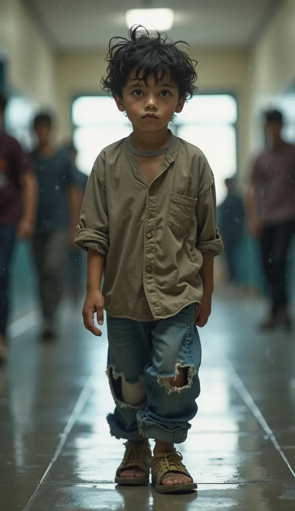 An image of a  boy walking down a school corridor, his posture slightly slumped with a quiet resilience. His face is young, pale with faint freckles, and deep brown eyes that hold a quiet intensity. His dark, messy hair is slightly damp from the rain. He w...