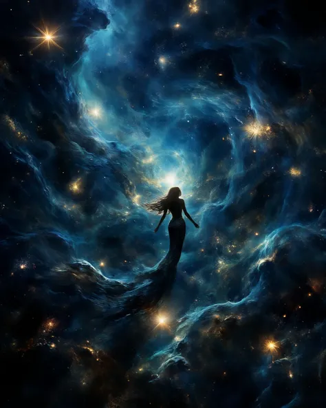 dark atmosphere, Very Long wavy Hair, Masterpiece, Best Quality, Award Winning, High Details, Absurdly Long Hair, long shimmering fish tail- mermaidtail ((( A beautiful mermaid swimming in a river in space, )))) 