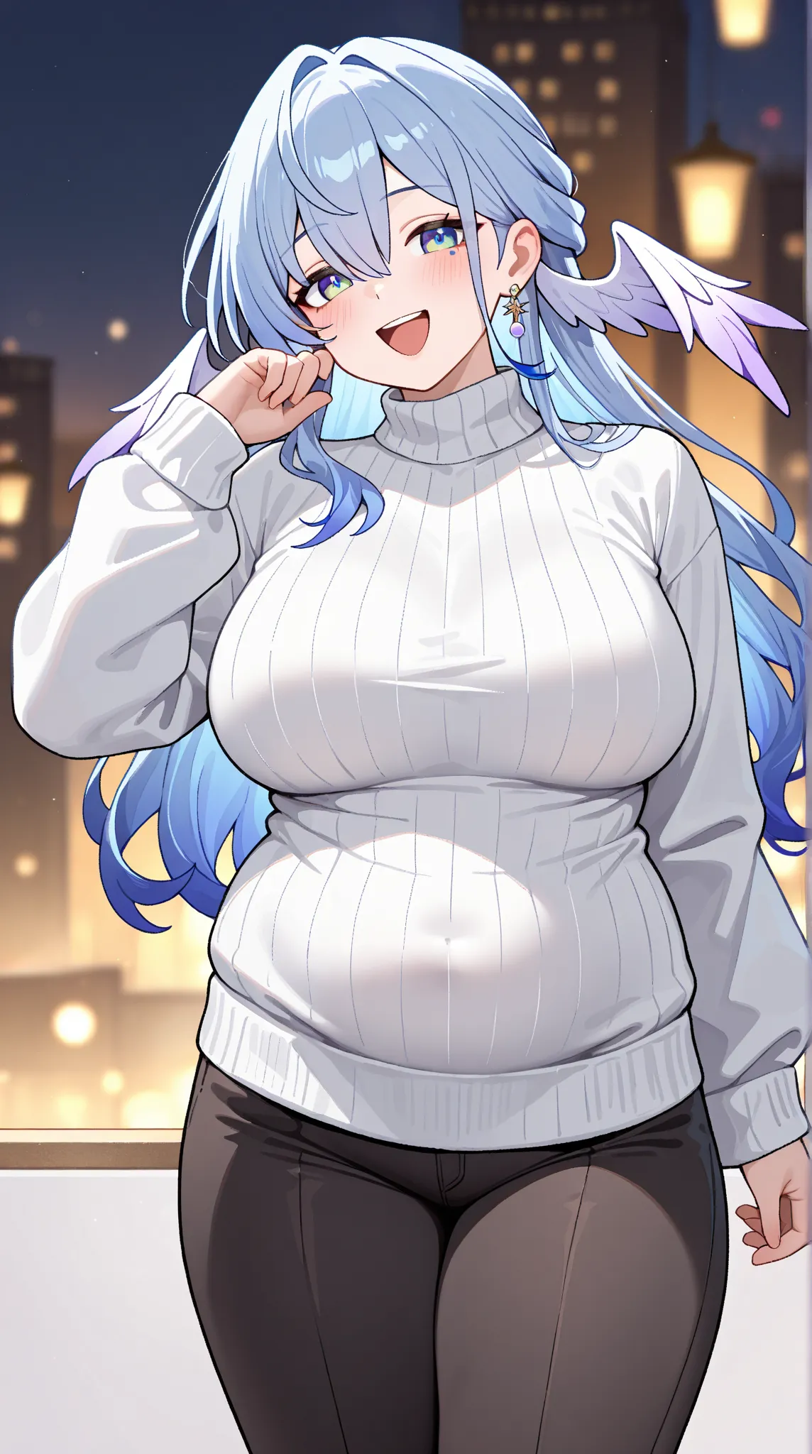 1 girl, solo, long hair, large breasts, looking at viewer, blush, blue eyes,  hair between eyes, thighs,  green eyes, blue hair, cowboy shot, earrings,  head wings, robin (honkai: star rail),black long pants,laughing,round face,double chin,white sweater,ch...