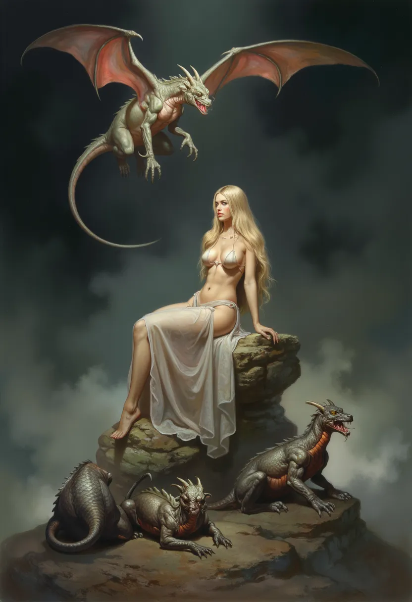 The image is a fantasy digital artwork featuring a mystical scene. In the center, a woman with fair skin and long, wavy blonde hair sits gracefully on a rocky pedestal. She is adorned in a delicate, ethereal garment that blends into the misty atmosphere. H...