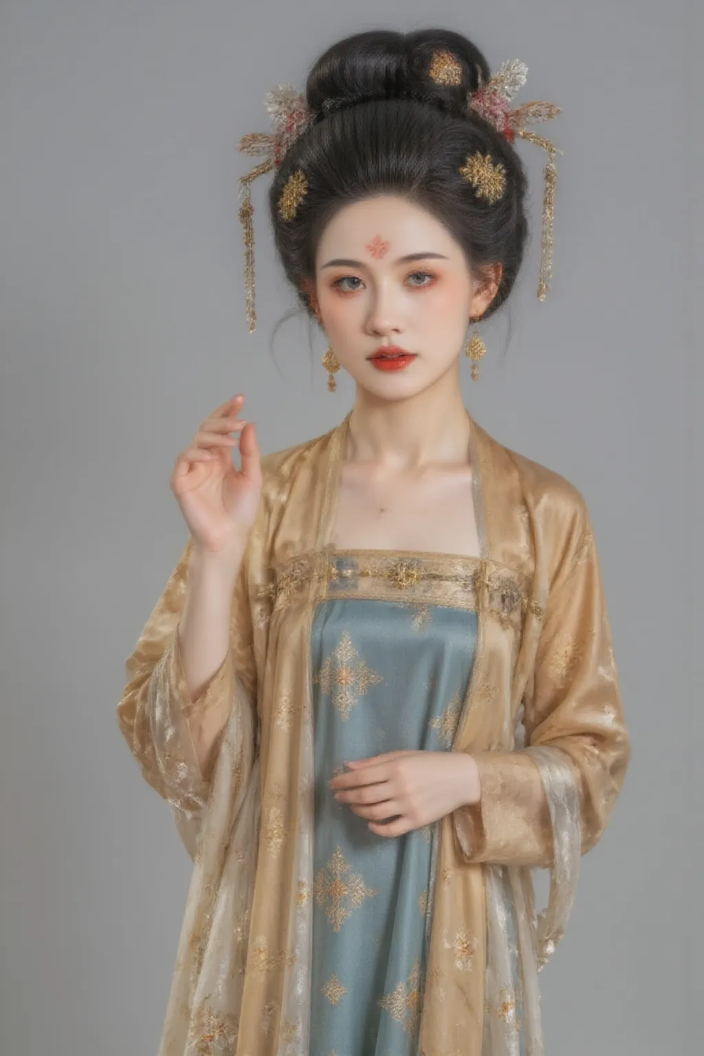 , (full body照:1.4), [Space Art, 1 woman in a Chinese dress，full body， to a standing，transparent robot arm ，  slim figure ， perfect ratio， It's a classy hair accessory  ， smile， transparent robot shoes，Oriental elements，(Bokeh)， high quality ，4K，3d