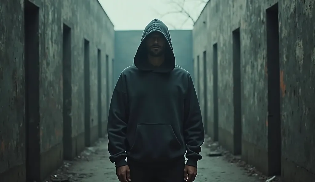 A man wearing a hoodie is standing in front of four walls, don't show the doors and windows, show the back side, cinematic color, beautiful picture