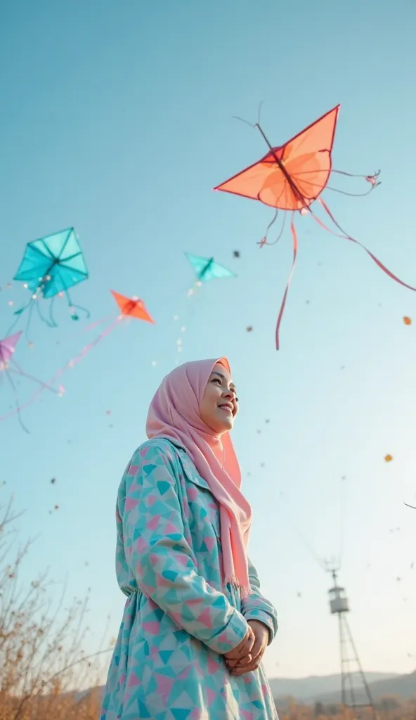 a Korean-Asian woman in hijab. wear trendy casual clothes with a mosaic pattern of babyblue and babypink colors. standing smiling at the camera playing several kites at once in the shape of a butterfly of various colors seen from a distance. baground taman...