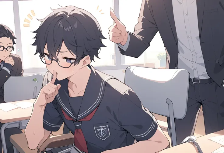 male middle school student、 male、 school uniform、glasses、white cutter shirt、Black trousers、 black hair、Notice、machine、chair、Notice、 index finger、coming out of mouth、classroom、