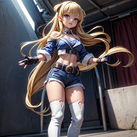 FletcherKC, FletcherCasual, 
race queen, blue shorts, midriff, fingerless gloves, blue gloves, white belt, thigh boots, high heel boots, blue footwear