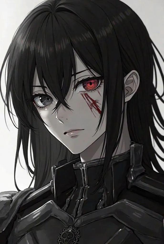 Anime,  high quality,  8K Ultra HD, sharp lines, the background is monochrome, sharp focus, amazing full color., man,  Neck-length hair ,  black hair, Black eyes, There is a scratch on the right eye,  casting,  serious, Discreet , Military Armor, Right eye...