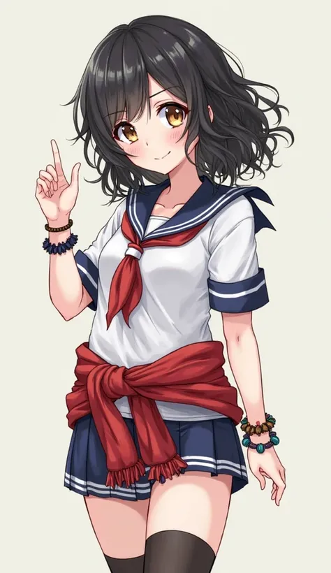 A girl in a sailor's uniform with a skirt cut with warmers wavy black shoulder-length hair with brown eyes and with bracelets and a red sweater around the waist  