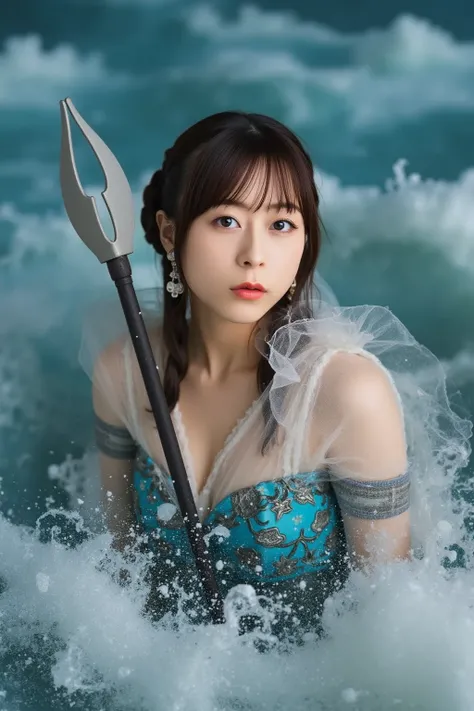 「the movement of the waves is powerfully depicted。she has a three-pronged spear in her right hand、ポセイドンのgod々wearing a。A Japanese woman is cosplaying Poseidon {x} There is a scene of the ocean where the waves are raging in the background、costume。The woman's...